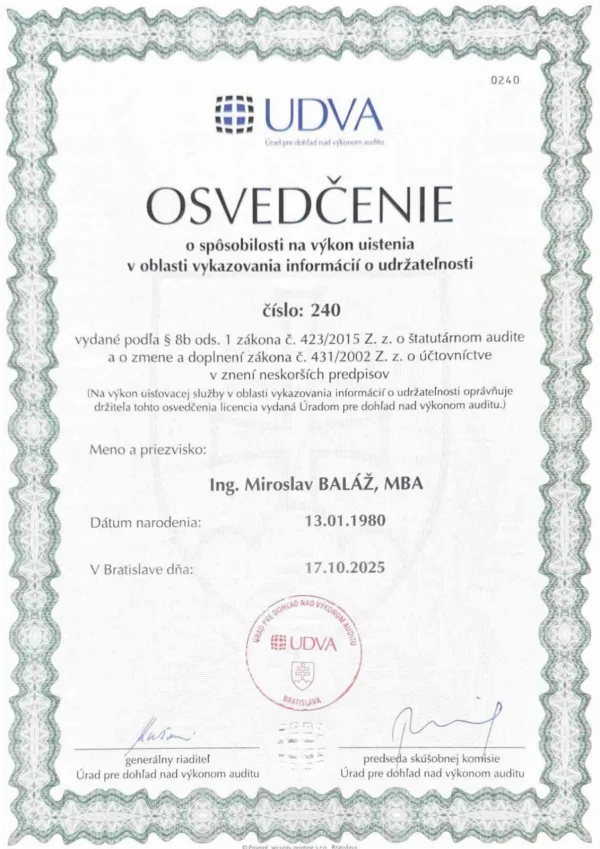 Osvedčenie UDVA – Udržateľnosť MB